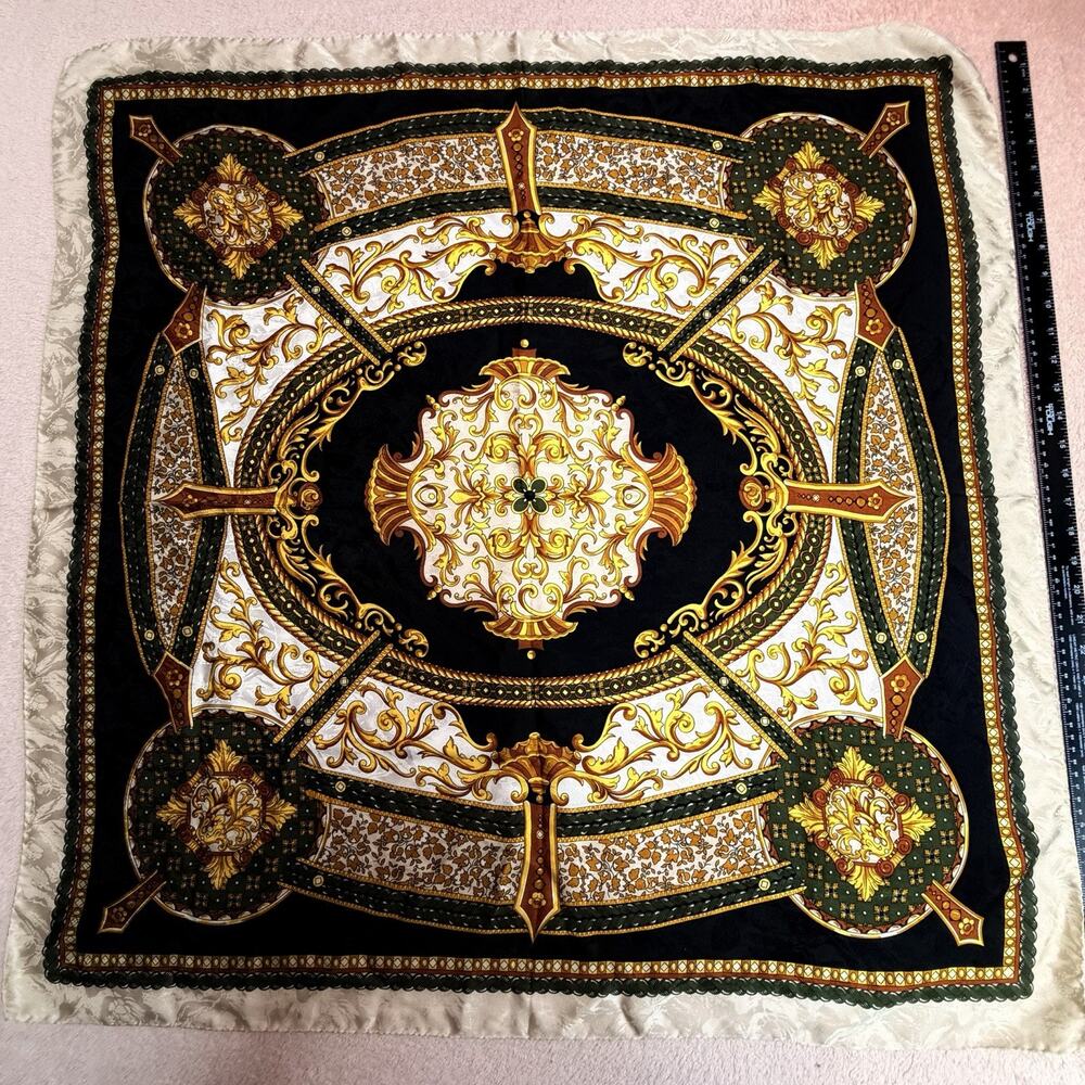 Intricate Baroque 100% Pure Silk Scarf Gold Ivory Square
